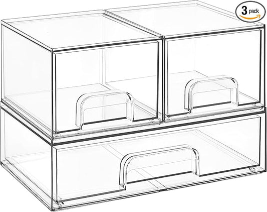 Vtopmart Stackable Storage Drawers Set of 3,Clear Plastic Organizer Bins for Makeup, Cosmetics, Beauty Supplies,Ideal for Vanity, Bathroom,Cabinet,Pantry Organization