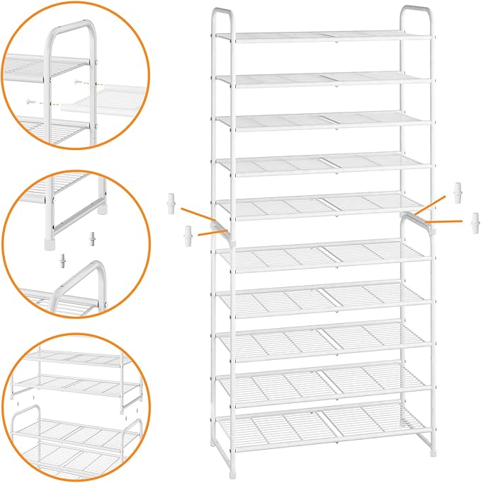 Simple Trending 5-Tier Stackable Shoe Rack, Expandable & Adjustable Shoe Organizer Storage Shelf, Wire Grid, White