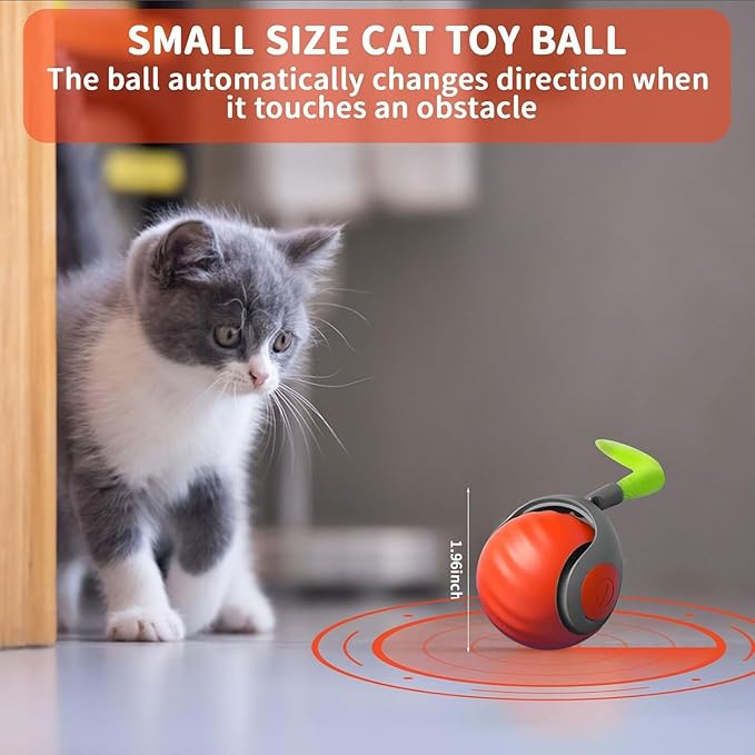 Automatic Moving Cat Toy, 2025 Upgrade Motion Activated Ball with Feather Tail, USB Rechargeable Smart Cat Toys for Indoor, Fun Exercise for Kittens (Blue and Orange)