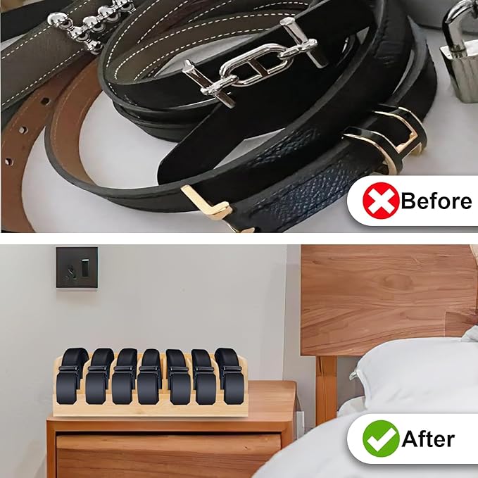 GTI Belt Organizer,2pcs 7 Compartments Belt Organizer for Closet and Drawer, Bamboo Display Case for Tie and Belt, Belt Storage Organizer for Men Women (Wooden)