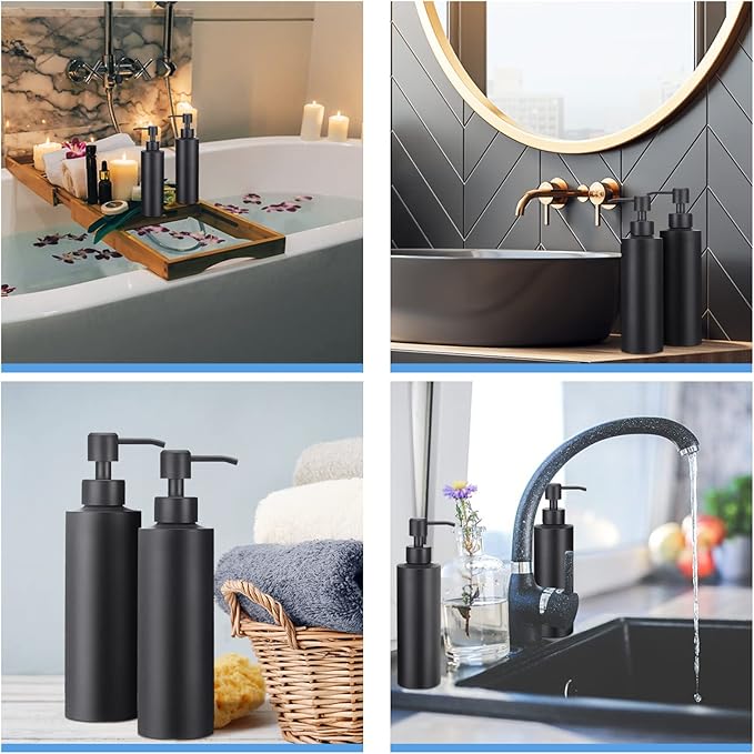 Cunhill 2 Pieces Black Hand Soap Dispenser Bathroom 12 oz Matte Black Hand Soap Dispensers with Stainless Steel Pump Refillable Modern Liquid Bottle for Kitchen Bathroom