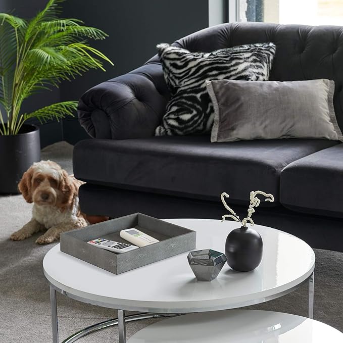 HofferRuffer Decorative Desktop Organizer Tray, Bathroom Vanity Tray, Storage Jewelry Perfume Dresser Tray, Catchall Tray for Change Coin Key, 10.2 x 8.4 x 1.8 inches (Dark Grey Faux Leather Shagreen)