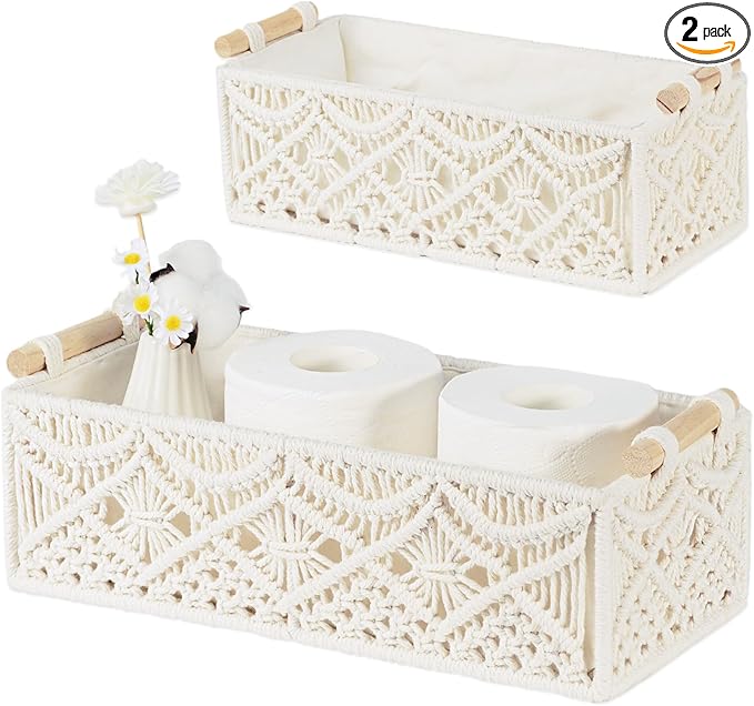 BROWNLILY Macrame Storage Baskets Boho Decor Gift Box Woven Toilet Paper Basket with Wood Handles Home Decorative Baskets for Organizing on Shelf Cabinet Countertop Livingroom - Set of 2