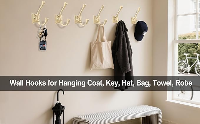 2 Pack Brushed Gold Wall Hooks for Hat, Coat, Towel, Key, Bag, Mudroom Hooks Entrance Bathroom Door Decorative Heavy Duty Coat Hanger