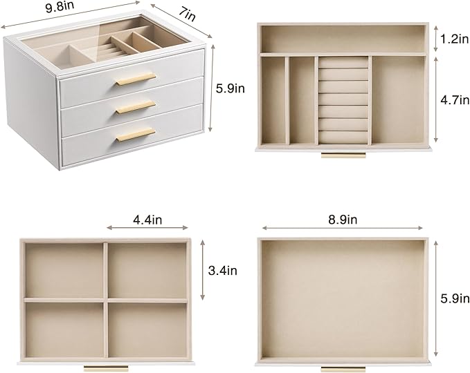 pickpiff Jewelry Box Organizer Case for Women: 3-Layer Jewelry Storage Case with Glass Window, Pure White Leather with Velvet Holder for Ring Necklace Bracelet Brooch Watch, Great Gift for Her