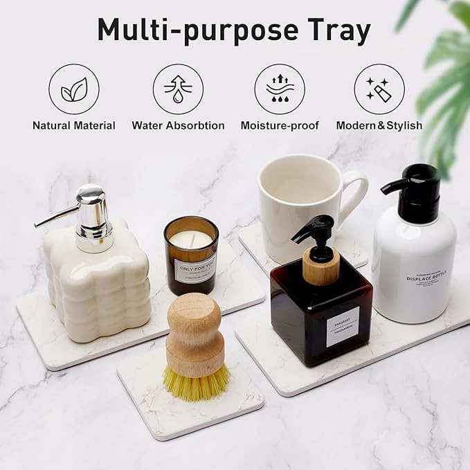 Set of 4 Water Absorbing Stone Drying Tray for Bathroom Sink Kitchen Hand Soap Coaster Diatomite Toothbrush Holder Quick Dry Marble Bathroom Vanity Trays Diatomaceous Earth Dish Kitchen Counter Tray