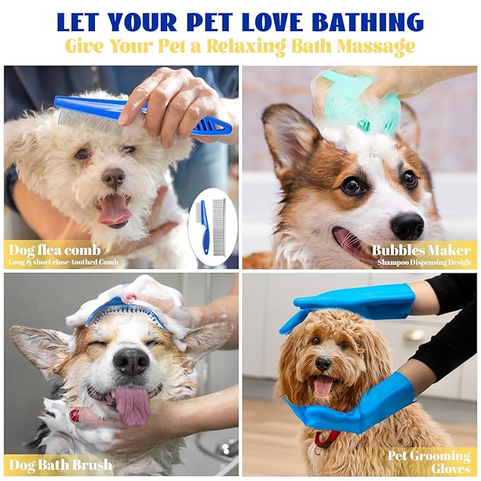 Dog Slicker Brush for Dogs Grooming Kit 4 PCS,Bath Grooming Kit for Pets,Hair Brush Set with Towel, Washing Gloves, and Shampoo Scrubber Brush for Dogs and Cats
