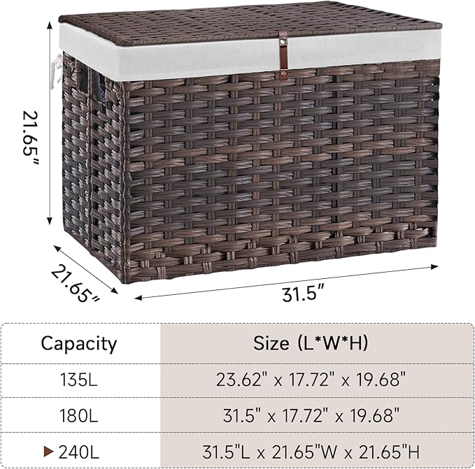 240L Wicker Storage Basket with Lid, Handwoven Rattan Large Shelf Basket with Removable Liner, 63.5 Gallon Wicker Basket for Blanket, Storage Trunk with Handle for Closet, Bedroom, Livingroom, Brown