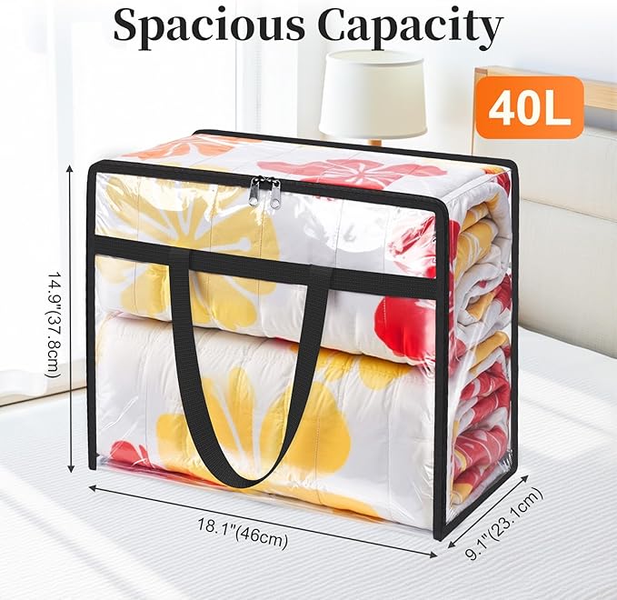 Clear Clothes Storage Bags, 8 Pack Closet Organizers and Under Bed Storage Containers, Foldable Moving Bags with Zippers for Comforter, Blanket, Bedding, Duvet, PVC Packing Bags 40L