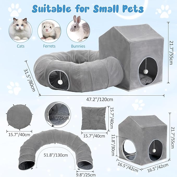 Pawaboo Cat Tunnel Bed Under Christmas Tree with Cat House, Cats Donut Tube with Square House, Christmas Cats Toy Circle Tunnel with Cave, Kitten Bed Hideout Gift Festive Kitty Tube Tunnels, Dark Gray