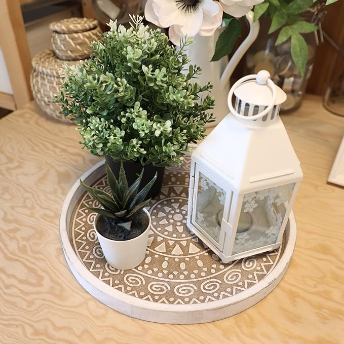 Boho Round Wooden Decorative Tray, White Farmhouse Candles Tray for Home Decor, A Pattern