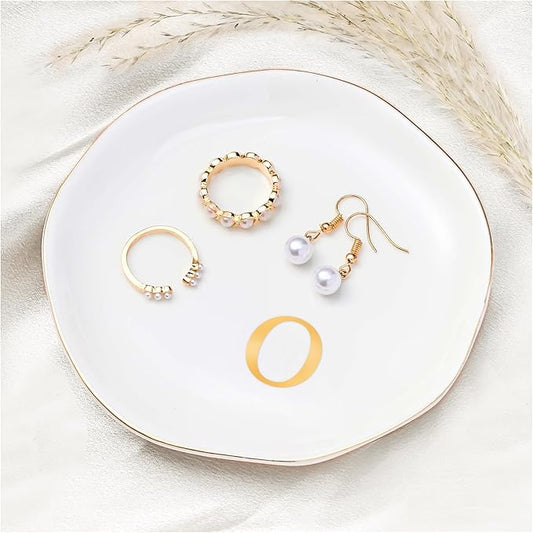 ProCase Ceramic Jewelry Tray, Initial Ring Dish Trinket Plate Engagement Gift, Small Personalized Monogram Ring Bowl for Wedding, White Decorative Jewelry Holder for Women Vanity -Letter O