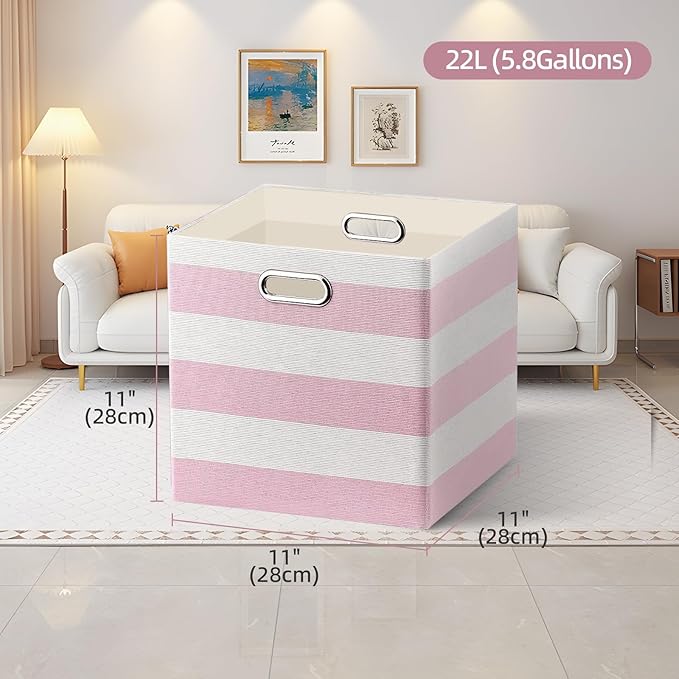 11x11 Cube Storage Bins, Collapsible Fabric Storage Cubes, Cubby Storage Organizer Bins Striped Container Baskets for Organizing Home Office Wardrobe Closet Shelf, Pack of 4, Pink/White