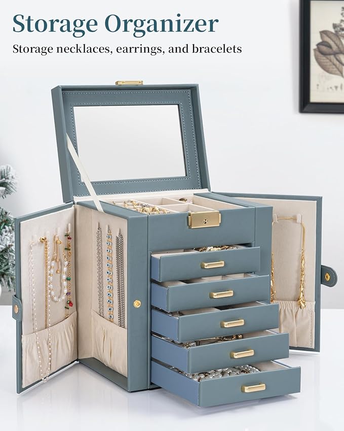 TORIBIO Large Jewelry Box for Women, Leather Jewelry Organizer with Mirror & Lock, 6-Tier Jewelry Storage Case for Girls/Women/Mothers, Necklace Earring Bracelets Holder Organizer, Grey Blue