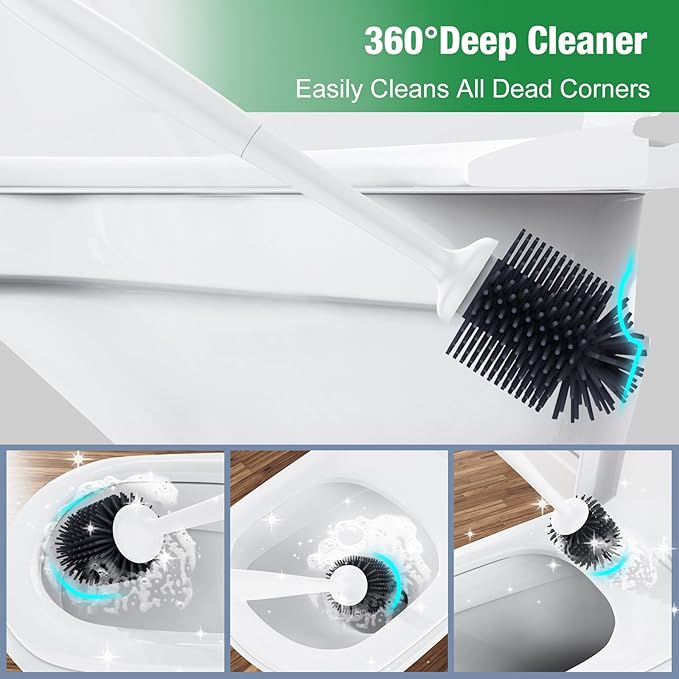 Lefree, 2 in 1 Toilet Brush and Plunger Set with Silicone Bristles, Plastic Material, Includes Holder, White/Black, for Deep Cleaning