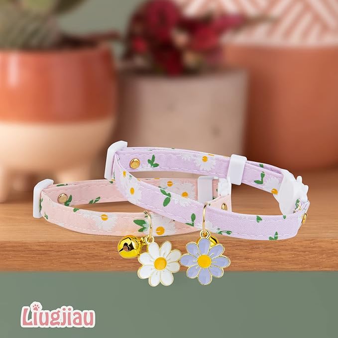 2 Pack Cotton Breakaway Cat Collar with Bell Pink&Purple Flowers Pendant Cute Kitten Cat Collar Suitable for Girls and Boys