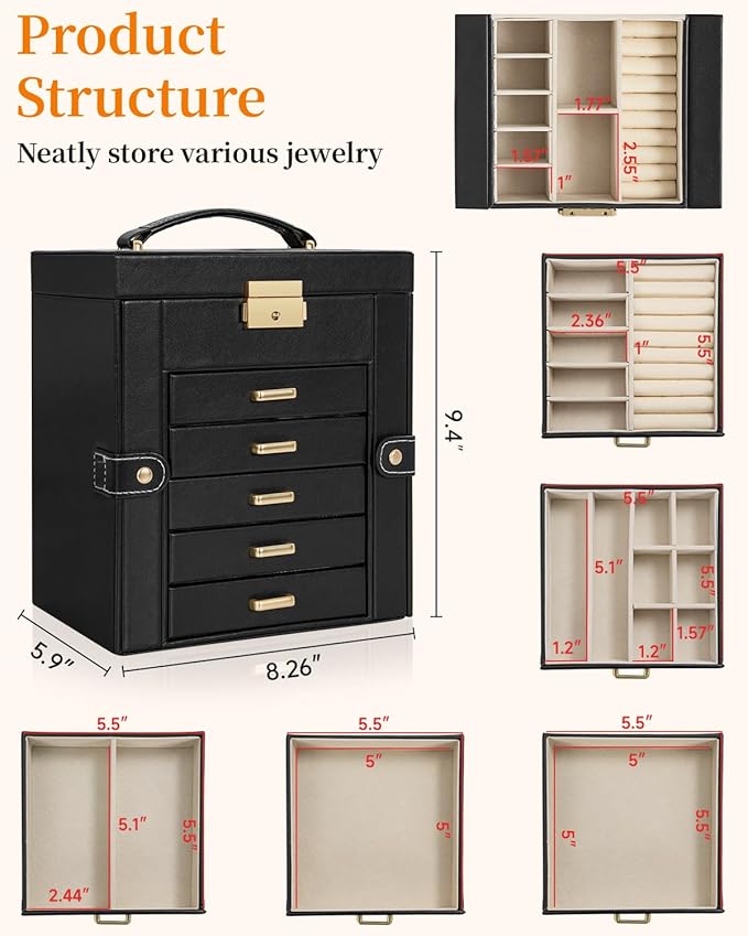 TORIBIO Large Jewelry Box for Women, Leather Jewelry Organizer with Mirror & Lock, 6-Tier Jewelry Storage Case for Girls/Women/Mothers, Necklace Earring Bracelets Holder Organizer