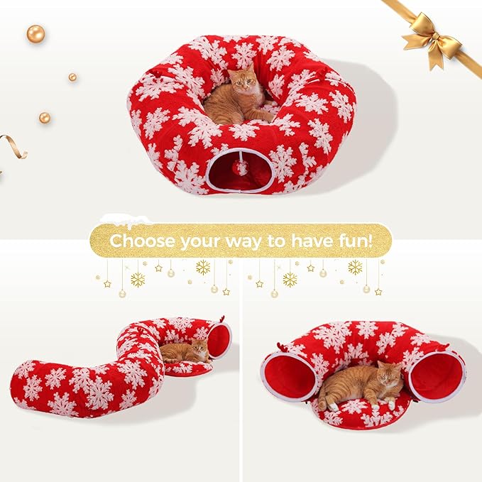 PEQULTI Cat Christmas Tunnel with Bed for Indoor Cats, Cat Donut Tunnel Under The Tree with Washable Soft Plush Mat, Round Tube Toys Cute Tube for Kittens, Puppies, Rabbits and Ferrets, Red