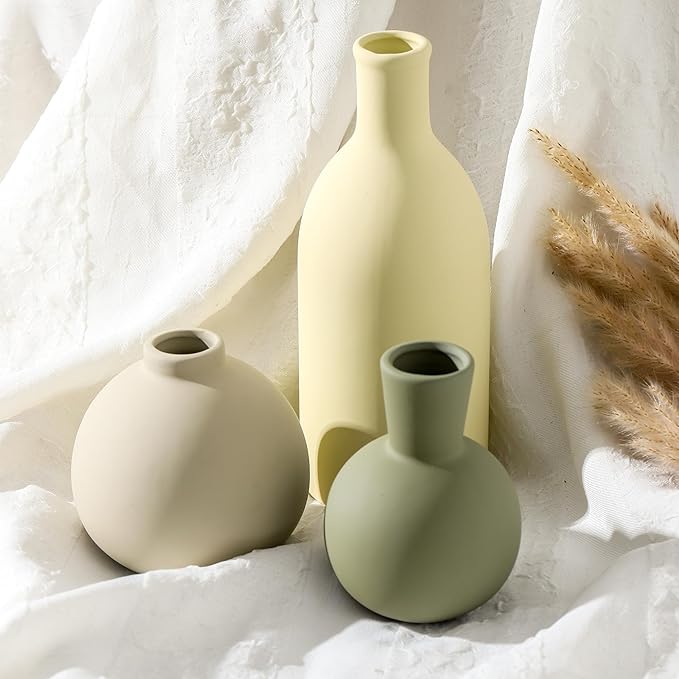 Vases Set of 3, Ceramic Vases Home Decor Rustic Vase Set Table Decor Vase Pottery Vases for Bouquet Pampas Grass Dried Fresh Flowers, Living Room Kitchen Bedroom Bathroom Entryway -Light Color