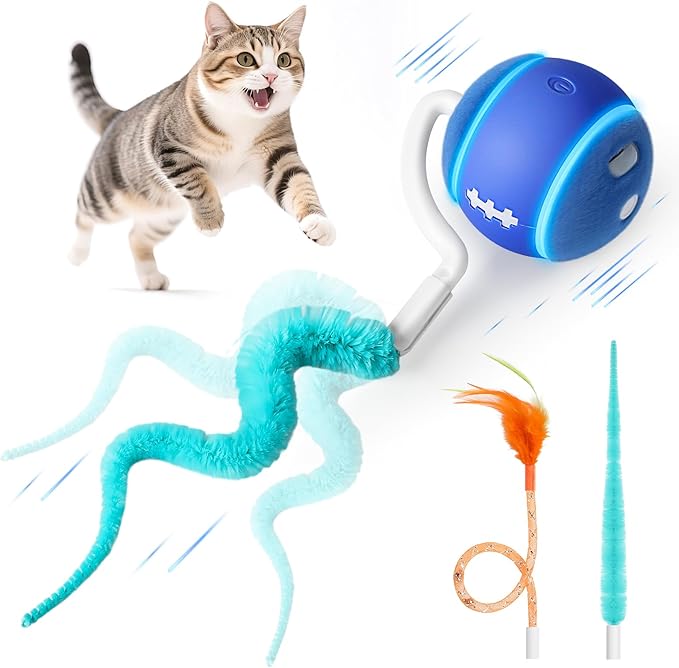 Automatic Interactive Cat Toy Ball for Indoor Cats, Carpet-Safe with Tangle-Free Tail, 3-Mode Touch Activated, Gen 3 High-Capacity 800mAh Battery (6-8H Play), Includes 2 Tails