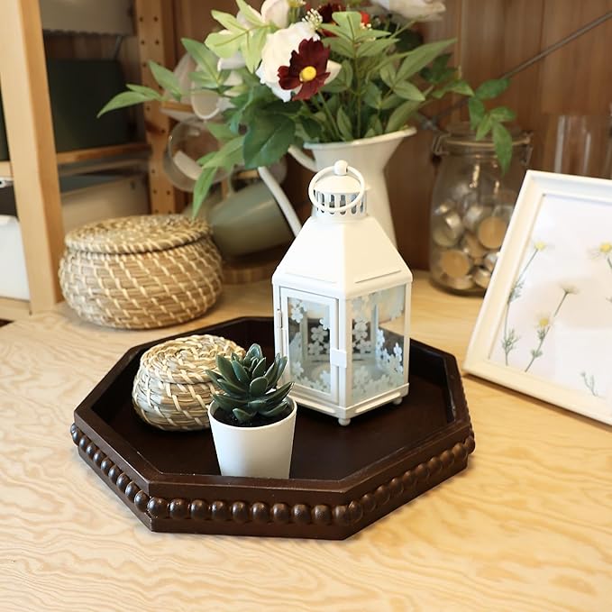 Retro Brown Octagonal Wood Decorative Tray, Small Farmhouse Wooden Serving Tray with Beads, Versatile Coffee Table Tray for Kitchen Counter, Ottoman, Living Room