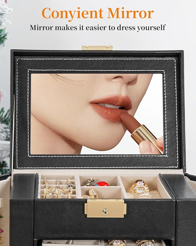 TORIBIO Large Jewelry Box for Women, Leather Jewelry Organizer with Mirror & Lock, 6-Tier Jewelry Storage Case for Girls/Women/Mothers, Necklace Earring Bracelets Holder Organizer