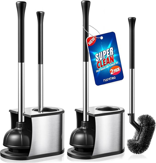 HAMITOR Toilet Plunger and Brush Set: 2 in 1 Stainless Steel Bowl Brush with Holder, Deep-Cleaning Curved Bristles and Heavy Duty Unclogger, Compact Design for Household & Hotel, Silver, 2-Pack