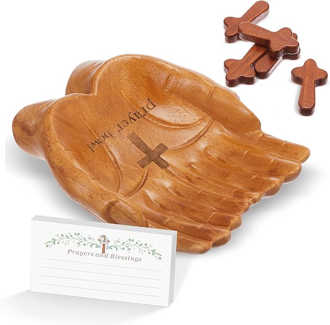 LemonRoad 36 Pcs Hands Shaped Prayer Bowl Set Wooden Prayer Bowl with 5 Wood Hand Held Crosses 30 Printed Cards for Mom Dad Christian Gift Religious Birthday Retirement Home Table Decor