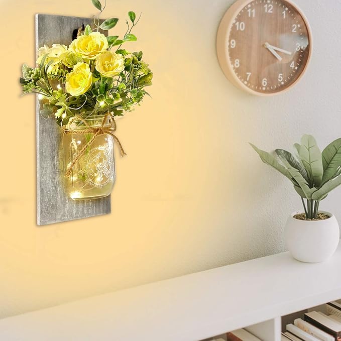 Wall Decor Mason Jar Sconces - Rustic Farmhouse Home Decor with Remote Control Wall Lights and Yellow Rose for Bedroom Wall Decor Living Room Kitchen Decorations Set of Two