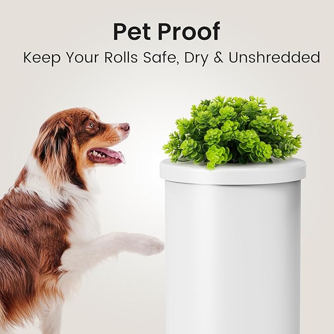 Cesun Toilet Paper Storage Bin, Enclosed Toliet Paper Holder with 3-Roll Capacity, White Stainless Steel Canister with Decorative Green Plant Lid