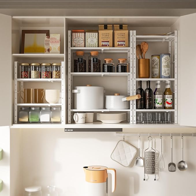 Multi-Functional Metal Shoe Rack,Expandable Adjustable Stackable Kitchen Organizer,Metal Shelf risers for cabinets, Kitchens and Closet, Bathroom(1Pack/White/Medium)