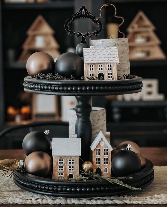 2 Tiered Tray Wooden Serving Stand by Felt Creative Home Goods. Small Beaded Tray for Home Decor Display Farmhouse Country Decoration Kitchen or Dining. Includes 3 Finial Custom Handles (Black)