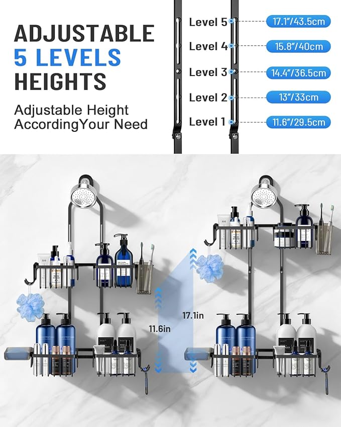 Adjustable Shower Caddy Hanging for Handheld Showerheads - Never Rust Shower Hanging Organizer, Upgraded Bathroom Shower Rack with Soap Basket, Hooks and Toothbrush Holder (Black)