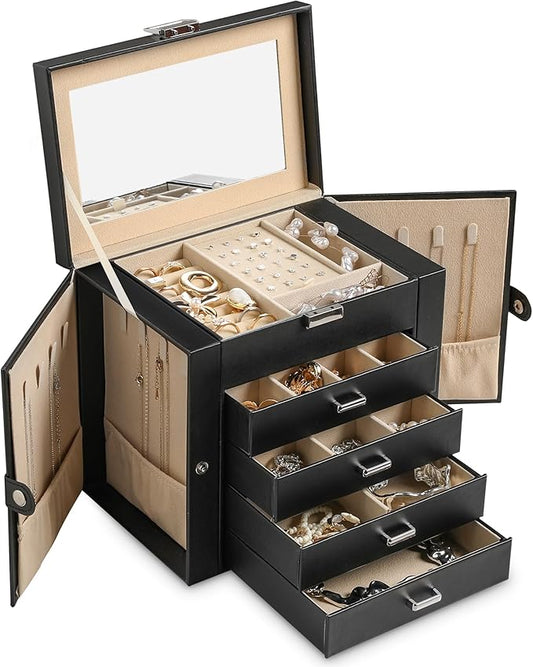 Frebeauty 5-layer Jewelry Box,Faux Leather Jewelry Organizer with 4 Drawers,Jewelry Organizers and Storage with Mirror,Jewelry Holder Organizer for Necklace,Jewerly Boxers for Women Girls(Black)