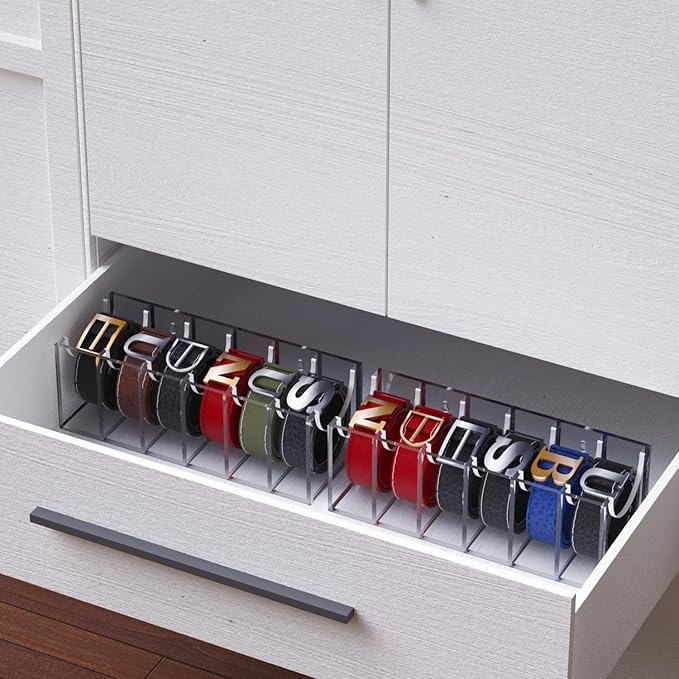 GTI Belt Organizer, Acrylic 6 Compartments Belt Organizer for Closet and Drawer, Display Case for Tie,Bow Tie and Belt,Clear Belt Storage Container Holder for Men Women