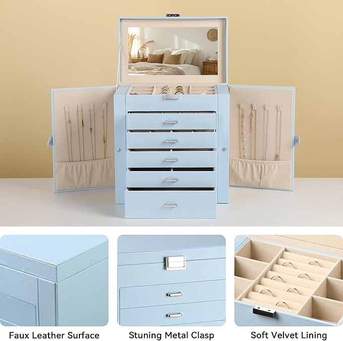 Frebeauty Large Jewelry Box,6-Tier PU Leather Jewelry Organizer,Multi-functional Storage Case with Mirror,Accessories Holder with 5 Drawers for Necklace Bracelets Watches(Sky Blue)