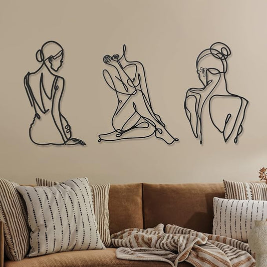 Photect 3 Pcs Metal Wall Art Decor Minimalist Abstract Woman Wall Art Metal Modern Line Drawing Decor Female Single Line Home Hanging for Bedroom Bathroom Living Room Christmas Housewarming(Retro)