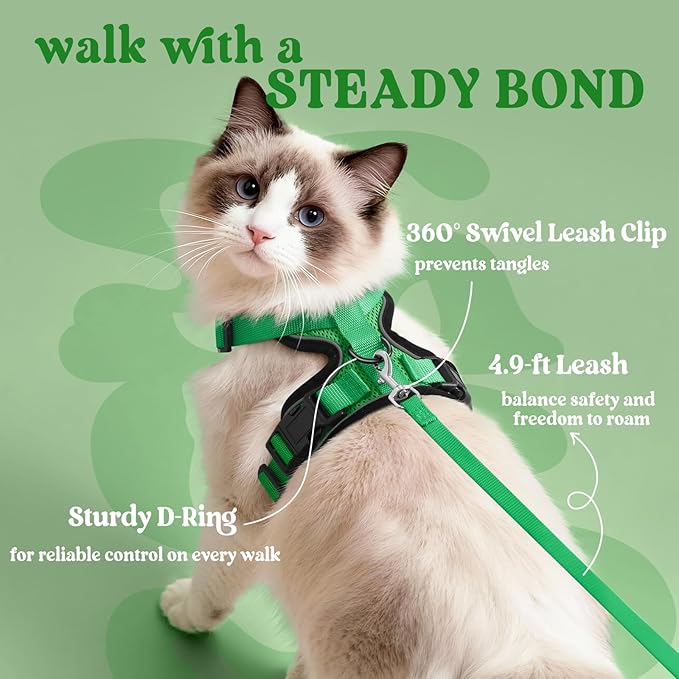 rabbitgoo Cat Harness and Leash for Walking, Escape Proof Soft Adjustable Vest Harnesses for Cats, Easy Control Breathable Reflective Strips Jacket, Grass Green,S