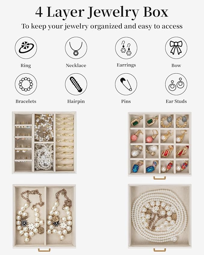 TORIBIO Jewelry Box for Women, Leather Jewelry Organizer with Mirror & Lock, 4-Tier Jewelry Storage Organizer with 3 Drawers for Girls/Women/Mothers, Necklace Earring Bracelets Holder Organizer