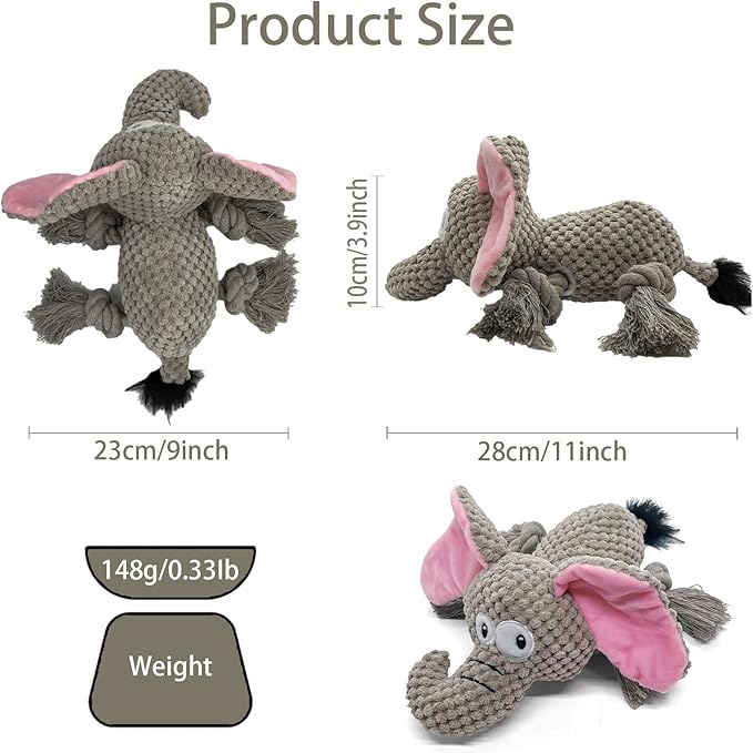AIMETING Dog Toys, Durable Dog Chew Toys, Dog Squeak Toy with Fun Crinkle Paper, Plush Toys Suitable for Small, Medium, Large Dogs (Elephant)
