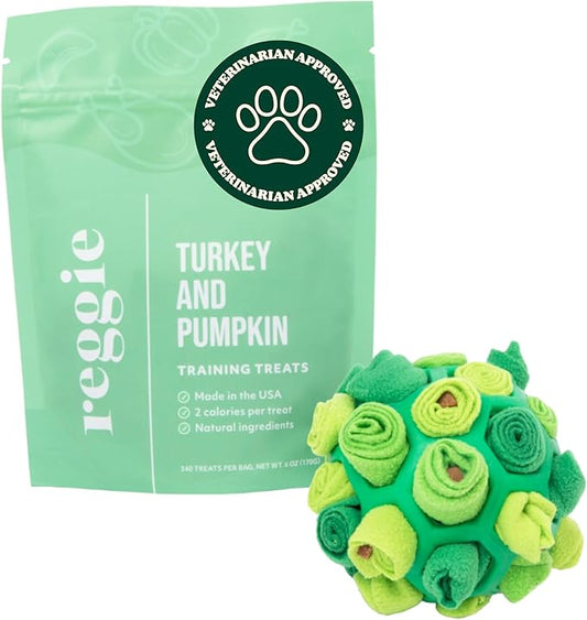 Reggie Forager Ball & Training Treats for Dogs | Enrichment Toy + Healthy Turkey & Pumpkin Training Treats | Reduces Boredom, Stress & Hyperactivity | Low-Calorie, Protein-Packed | 340 Treats