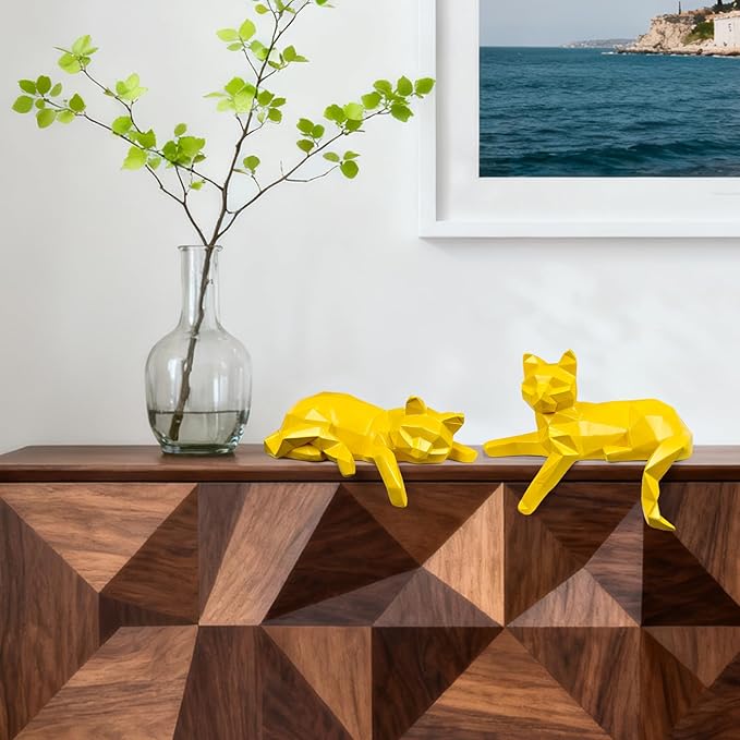 Mrlikale Bookshelf Decor Cat Statue, Modern Geometric Cat Figurines for Living Room Office Shelves Coffee Table Desk Decor – Set of 2 Minimalist Animal Statues (Yellow)