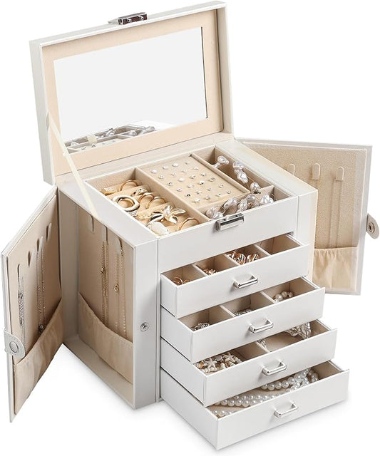 Frebeauty 5-layer Jewelry Box,Faux Leather Jewelry Organizer with 4 Drawers,Jewelry Organizers and Storage with Mirror,Jewelry Holder Organizer for Necklace,Jewerly Boxes for Women Girls(White)