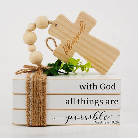 Bible Verse Wooden Book Stack, Biblical Handmade Decor, Farmhouse Mini Scripture Tiered Tray Decor, White Stacked Books with Wood Bead Tassels and Cross (daztbible01)