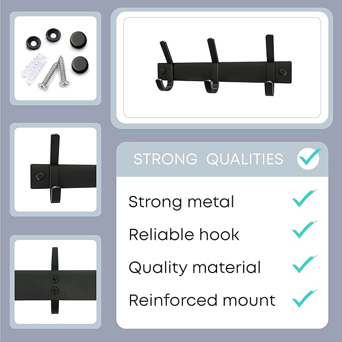 Matte Black Small Coat Rack Wall Mount – 9 Inch Stainless Steel Hook Rail with 3 Double Coat Hooks – Wall Mounted Entryway Organizer for Coats, Hats, Bags, Towels, Robes, Closet or Bathroom - 2 Pack