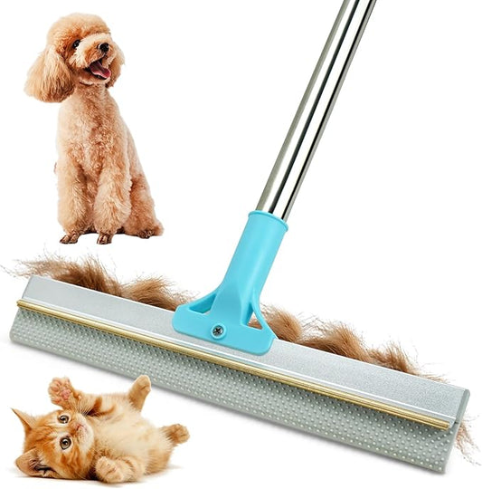 Double-Sided Pet Hair Removal Tool,Adjustable Height Carpet Pet Hair Removal Silicone Broom,Dog Cat Hair Remover Broom for Carpets, Floor Mats,Couch,Floor Squeegee (Blue Carpet Rake)