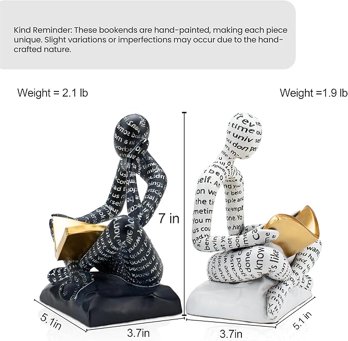 Heavy Duty Book Ends for Shelves, Thinker Decorative Bookends for Heavy Books, Unique Book Stoppers to Hold Book, Bookshelf Accessories, Modern Home Office Decor Aesthetic Black & White