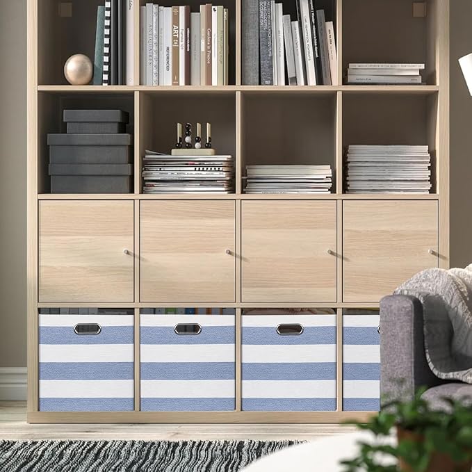 13x15x13 Storage Cube Bins, Foldable Storage Cubes, Fabric Organizer Basket Bin, Striped Containers Decorative Storage Boxes for Shelves Wardrobe Closet Home Office, 4 Pack, Blue/White