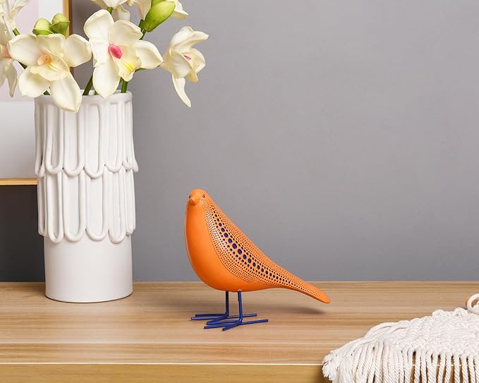 Quoowiit Bird Figurine, Modern Sculpture and Statues for Home Decor, Animal Statues for Bookshelf, Table, Entryway, Fireplace, Resin Decorative Sculpture with Chic Polka Dots Art Design (Orange)