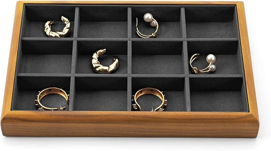 Oirlv Solid Wood 12 Grid Jewelry Organizer Tray Jewelry Drawer Organizer for Rings Earrings Storage Display(Grey)